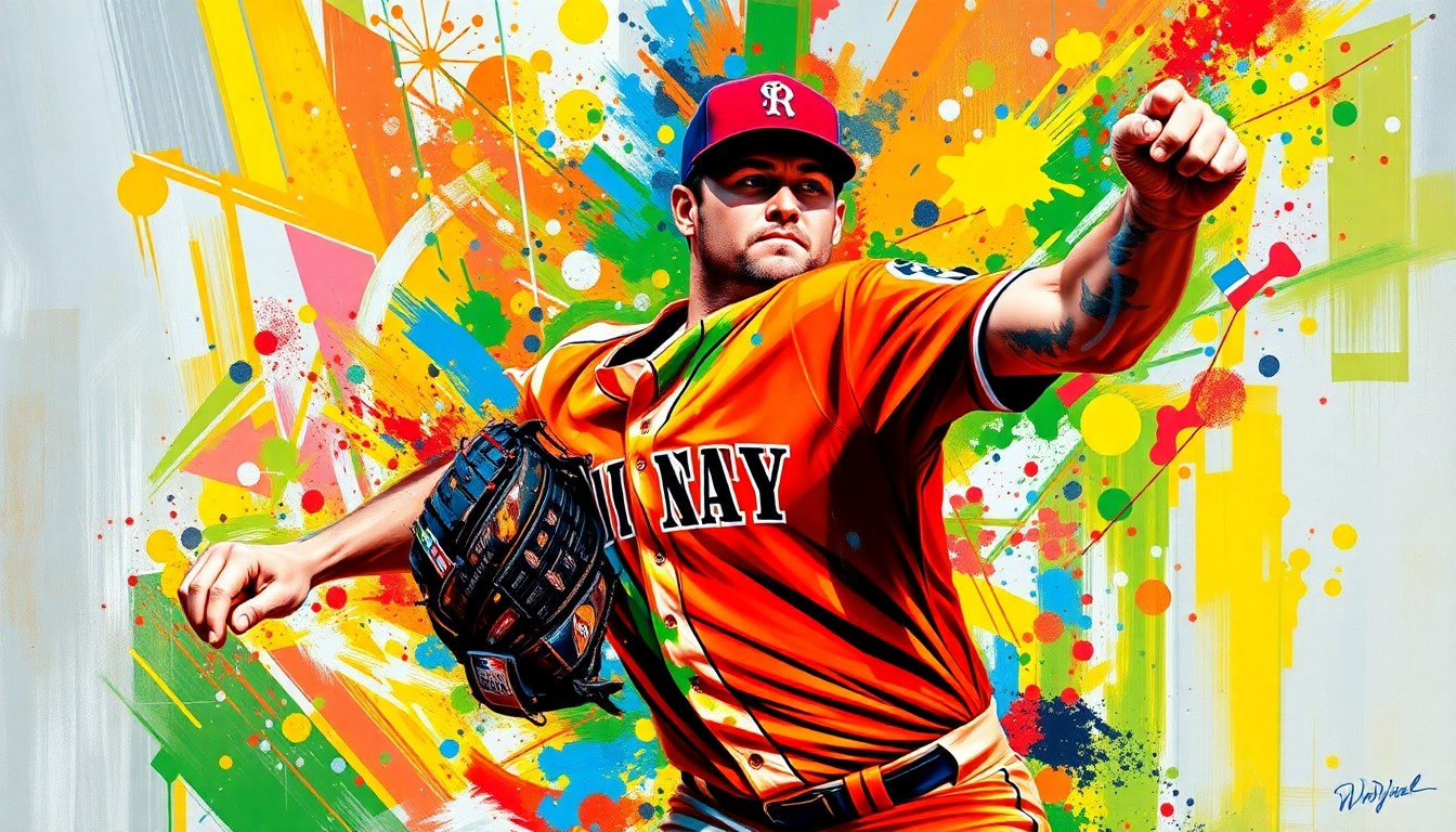 An abstract, energetic painting in neon colors depicting the pitching motion of a baseball player, with the player's face and uniform details blurred into expressive brushstrokes.