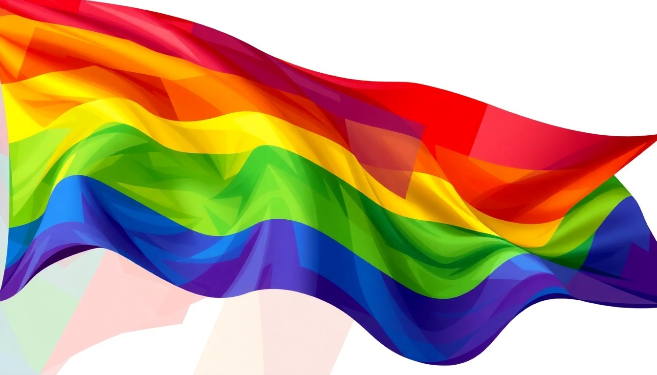 A dynamic, abstract painting of a rainbow flag in motion, with overlapping geometric shapes and waves of vibrant colors, conceptually representing the heated debate over LGBTQ visibility in Boise.