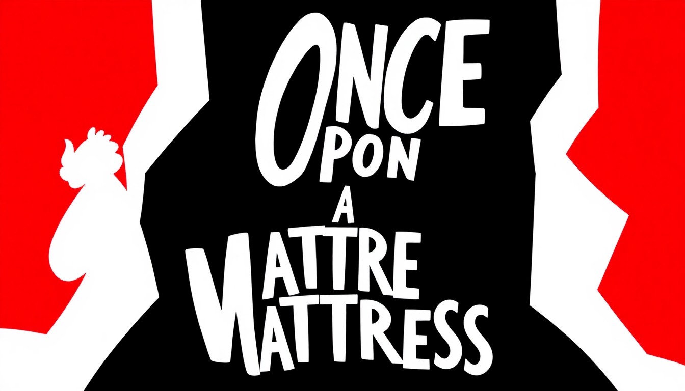 An abstract, minimalist illustration using bold, jagged shapes in red, white, and black to conceptually represent the fairy tale characters and themes of the 'Once Upon a Mattress' musical without any literal depictions.