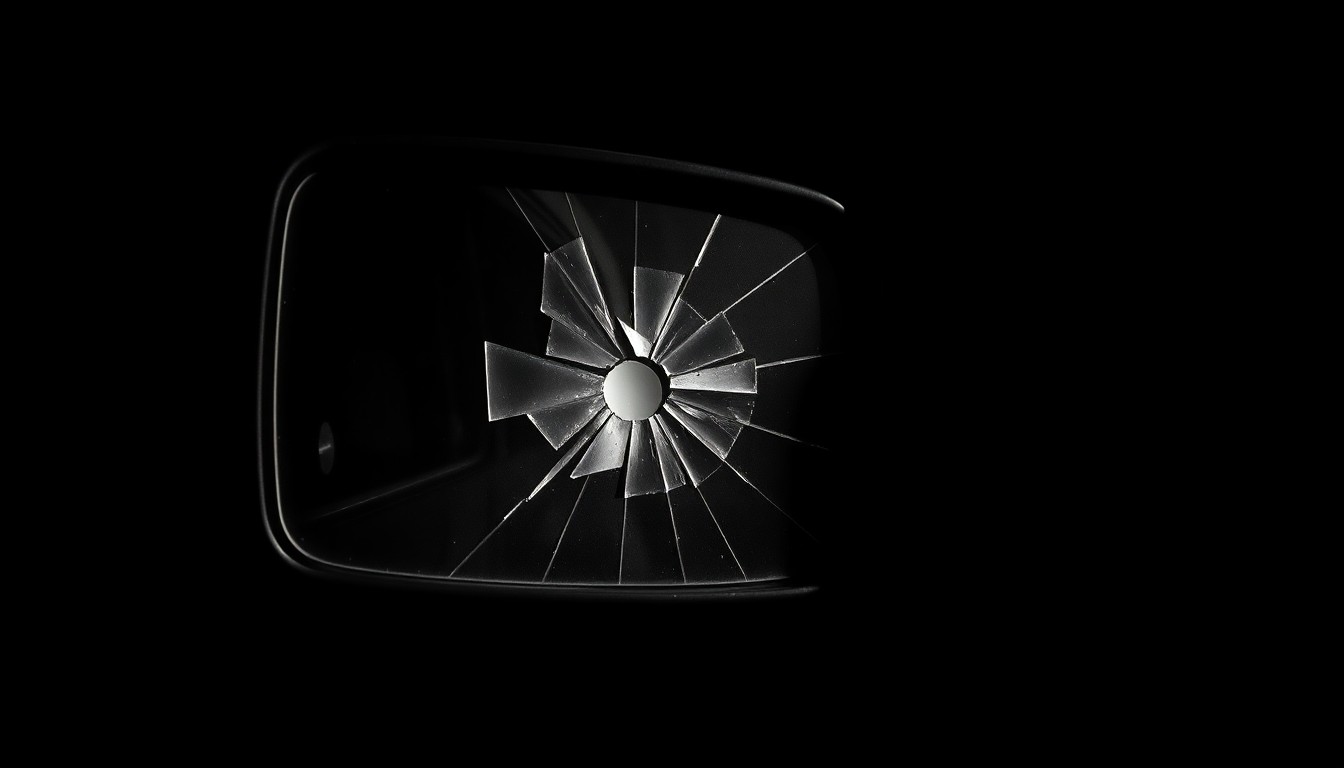 An extreme close-up photograph of a damaged MTA bus side mirror, the glass cracked and distorted, conceptually representing the aftermath of the violent attack on the bus driver.