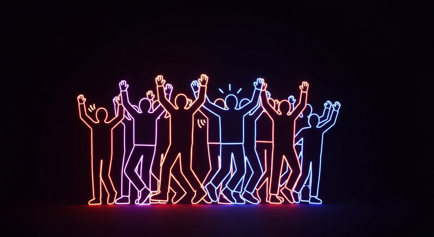 A glowing neon outline of a group of people walking together, their arms raised in a celebratory gesture, representing the energy and community spirit of the NAMIWalks event.