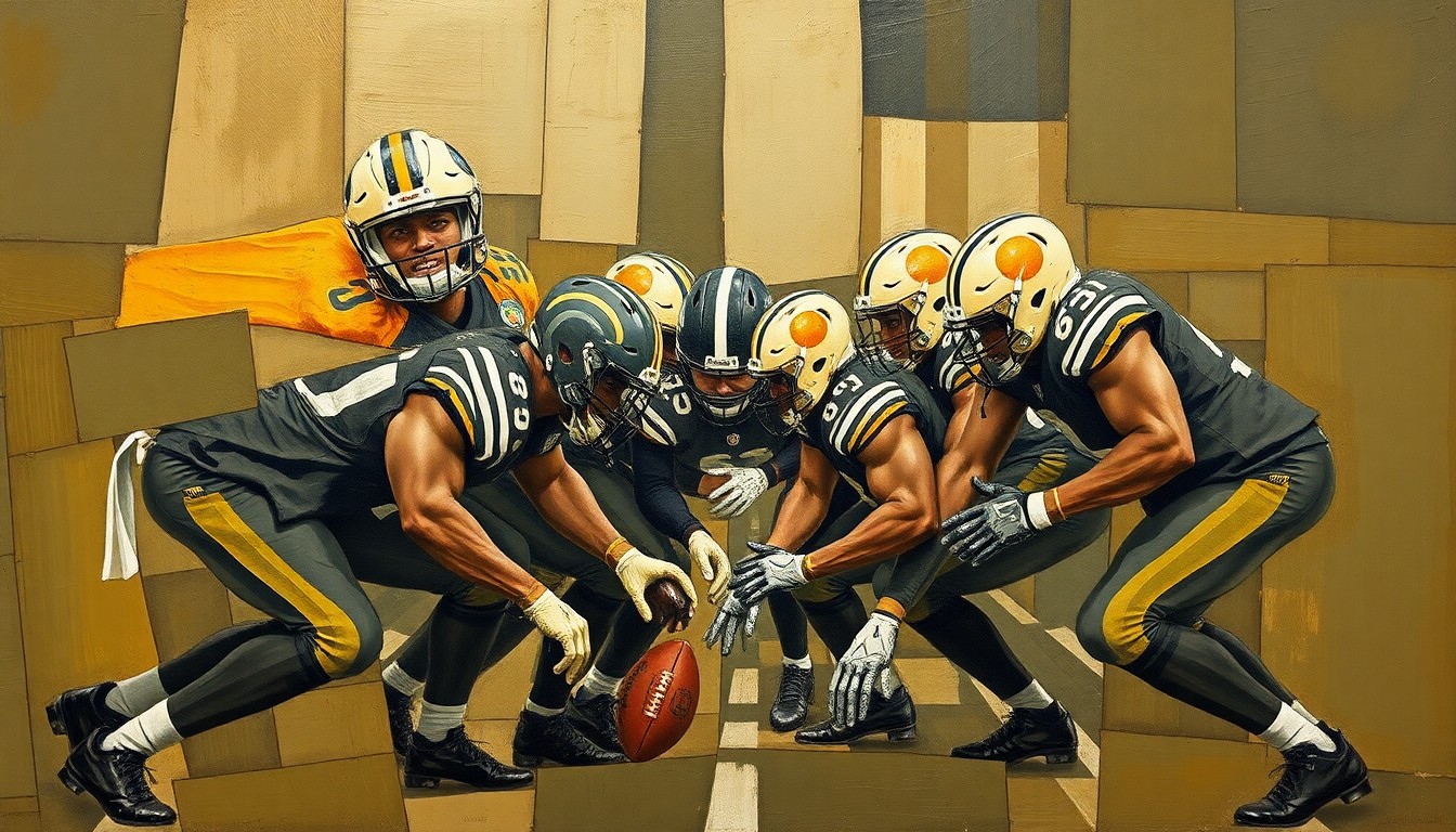 A cubist, fragmented painting depicting an NFL offensive line, with sharp, overlapping geometric shapes in muted earth tones conveying the dynamic movement and power of the linemen.