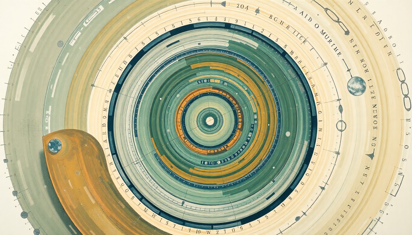 A bold, abstract painting in earthy tones of green, blue, and brown, featuring sweeping geometric arcs, concentric circles, and precise spirals, conveying the complex forces and concepts of the Artemis II lunar mission without using any text or symbols.