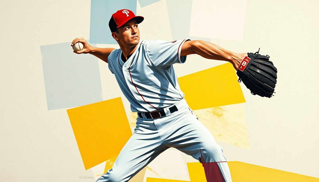 An abstract, cubist-style painting depicting the motion of a baseball pitcher, with their form broken down into sharp, overlapping geometric shapes and planes of color.