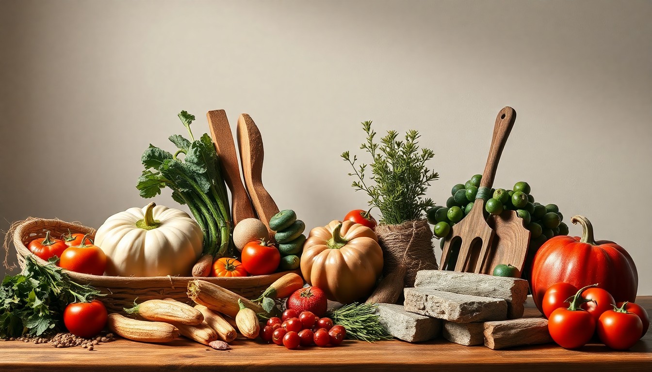 A photorealistic studio still life featuring an elegant arrangement of freshly harvested vegetables, farm tools, and natural materials, conveying the enduring value of sustainable agriculture in the Coyote Valley region.