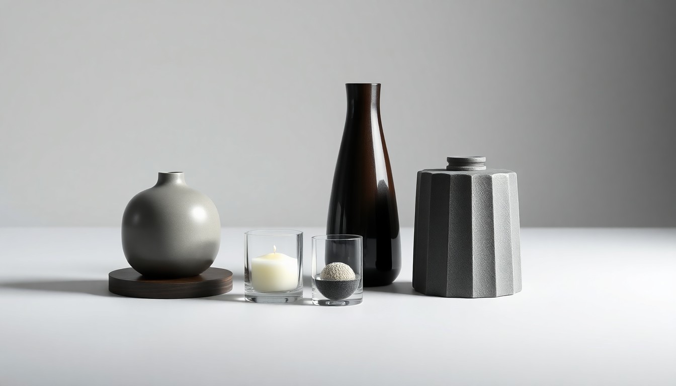 A minimalist studio still-life photograph featuring a carefully arranged display of IKEA home decor items, including a vase, a candle, and a small decorative object, all made from polished, premium materials and lit with dramatic studio lighting to highlight the quality and design of the products.