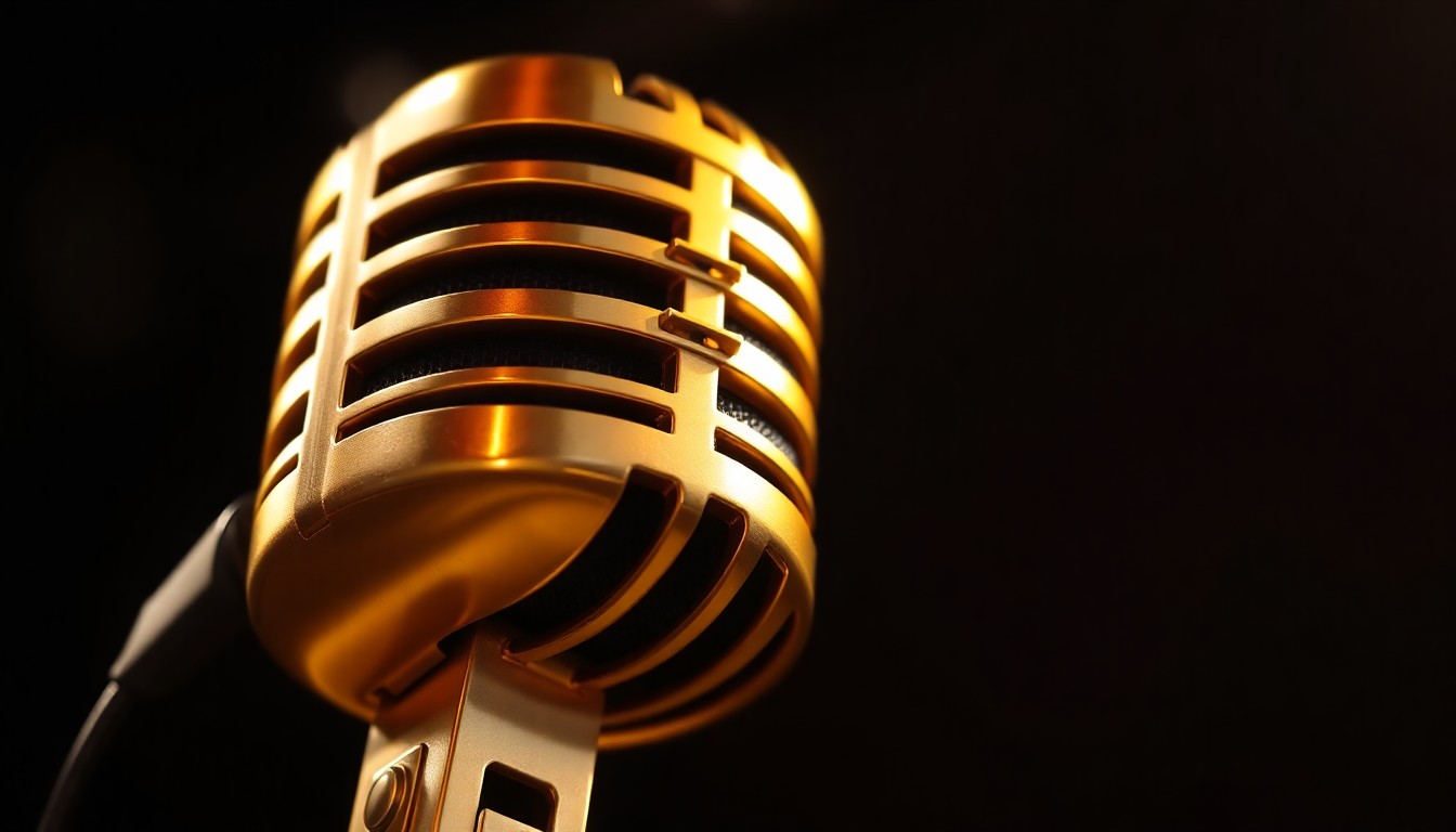 An extreme close-up of a golden microphone reflecting dramatic studio lighting, conceptually representing the glamour and prestige of a veteran radio news anchor.