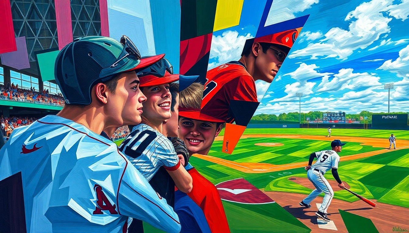 A cubist, multi-perspective painting featuring sharp, overlapping geometric shapes in vibrant colors representing a high school baseball game, conveying the dynamic energy and competitive nature of the matchup.