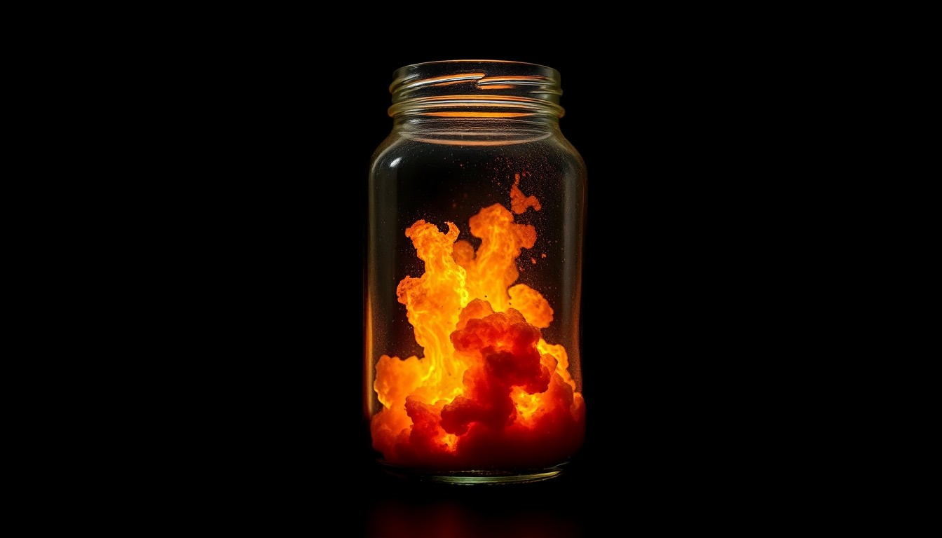 An extreme close-up photograph of a glass jar filled with a volatile explosive material, lit by a harsh, direct camera flash against a pitch-black background, conceptually illustrating the dangerous materials involved in the alleged terror plot.