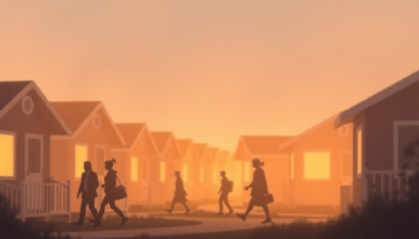 An abstract, impressionistic scene of a row of small, colorful houses blurred in soft focus, evoking a sense of community and new beginnings.