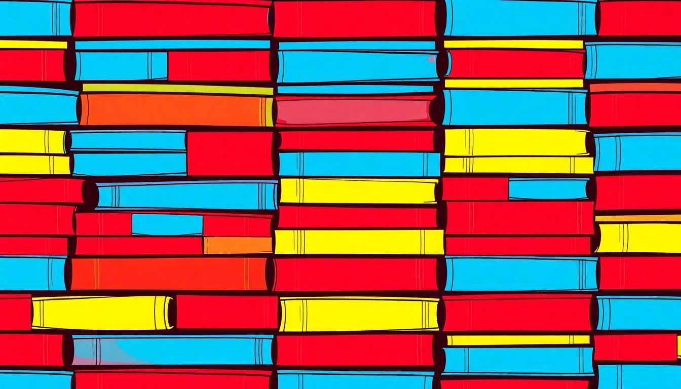 A grid of brightly colored, high-contrast silkscreen prints of stacked books in various shades of blue, red, and yellow, conceptually representing the educational materials and resources that will be part of the university's civil discourse initiative.