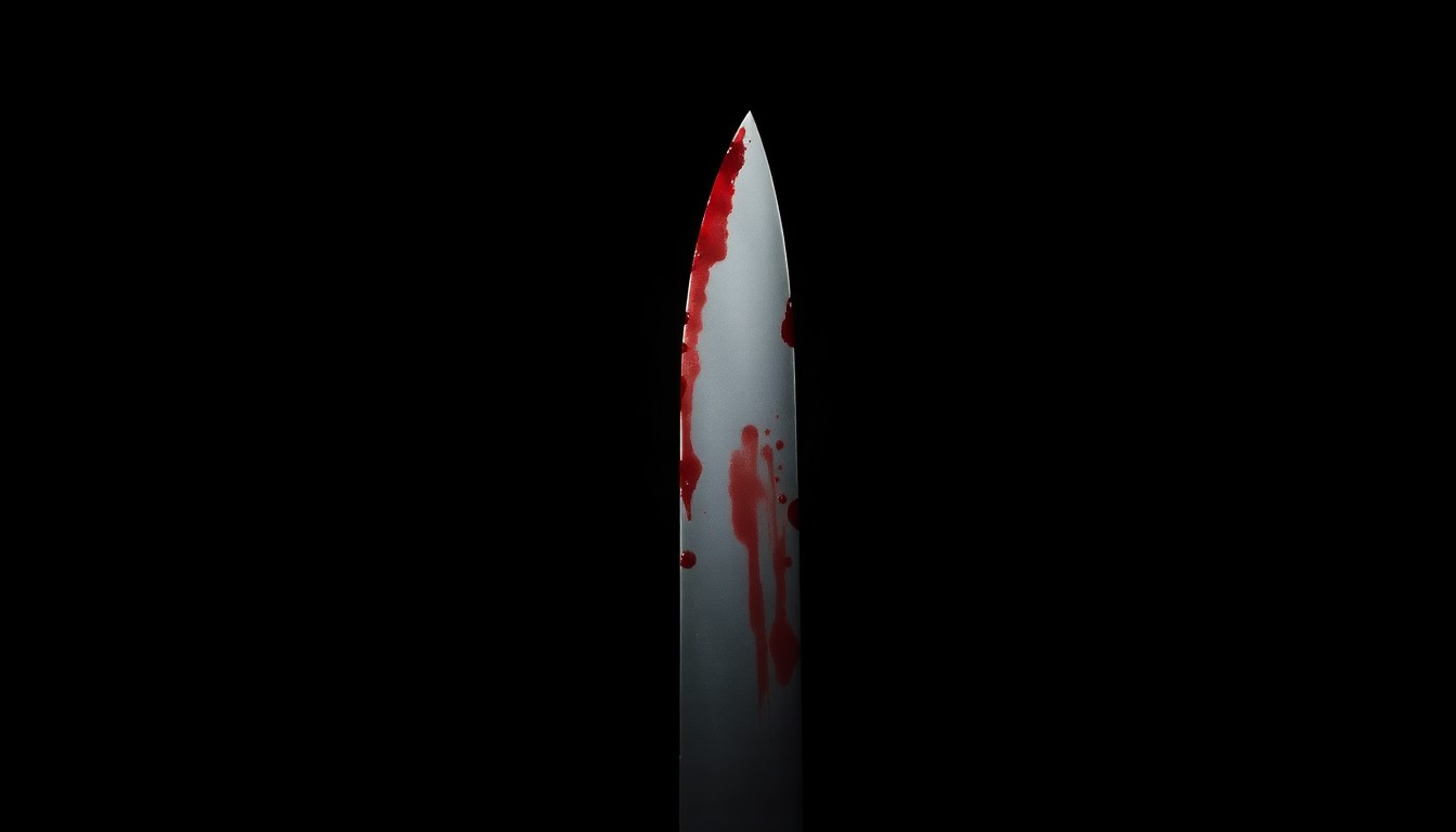 An extreme close-up of a bloodied knife blade, capturing the stark, gritty, and investigative nature of the crime without depicting any actual violence or victims.