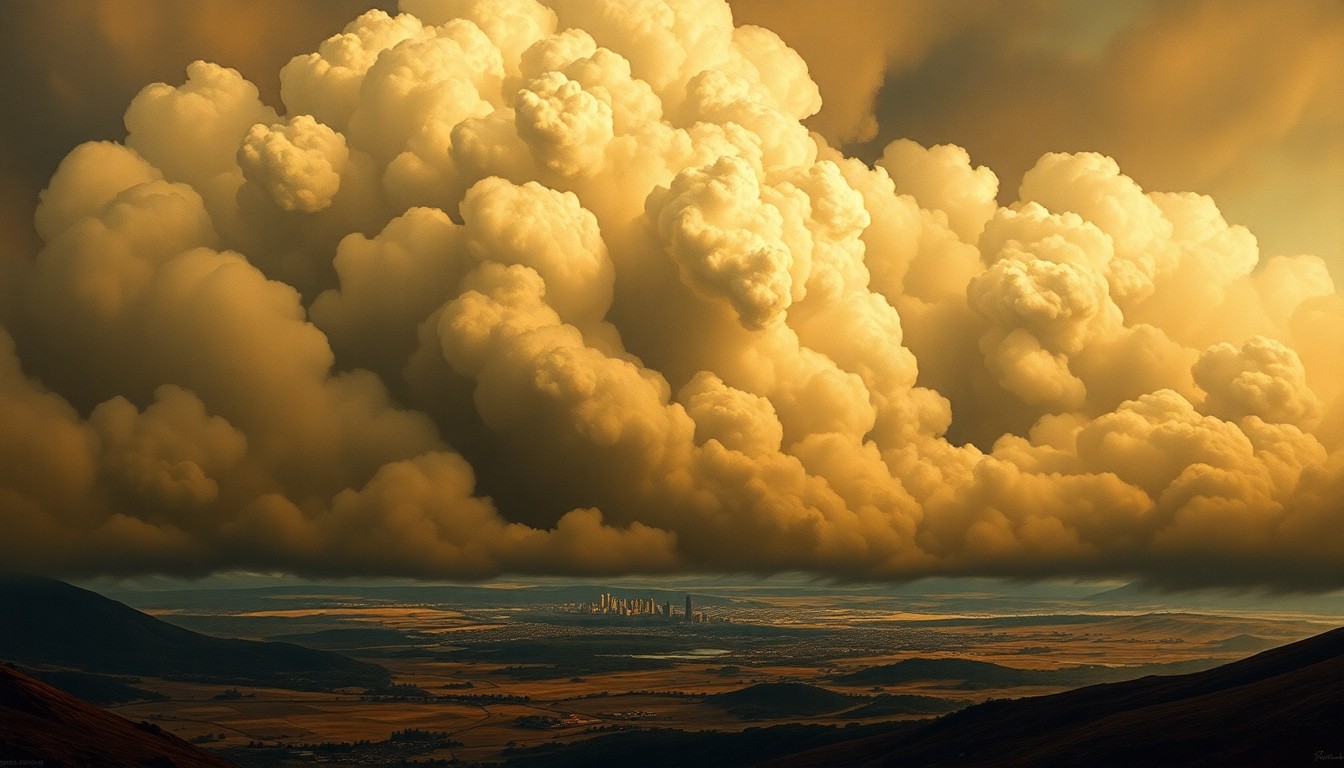 A sweeping, atmospheric landscape painting depicting a massive cloud of smoke and ash obscuring the details of a small town in the distance, conveying the overwhelming scale and power of a wildfire.