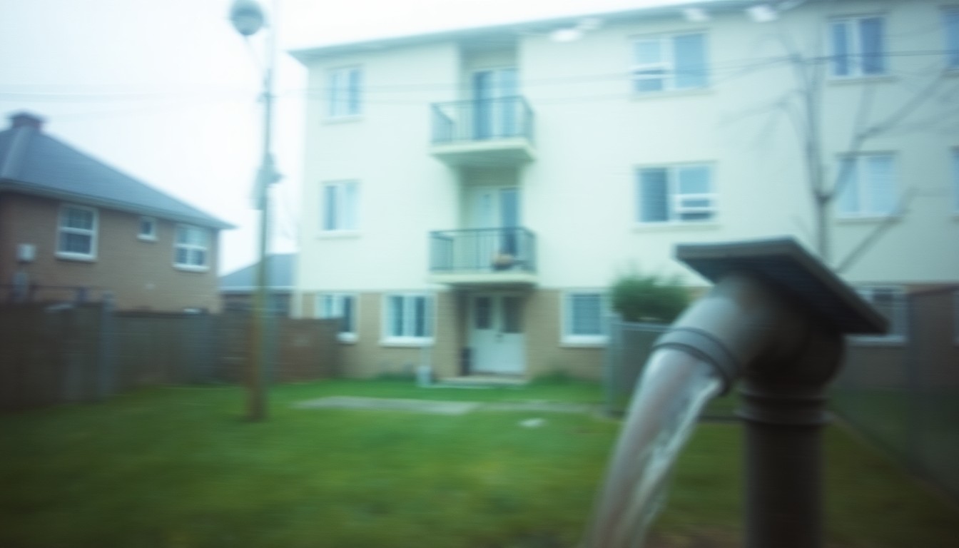 An abstract, out-of-focus photograph depicting a blurred residential building exterior with a sewage pipe in the foreground emitting a murky flow, conveying the melancholy mood and disruption caused by the sewage backup issue.