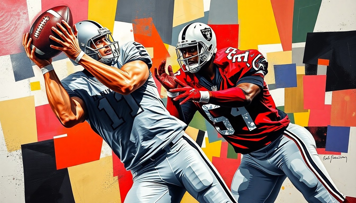 A fragmented, geometric painting depicting a tight end in mid-catch, with sharp planes of color representing the player's movement and the intensity of the game.