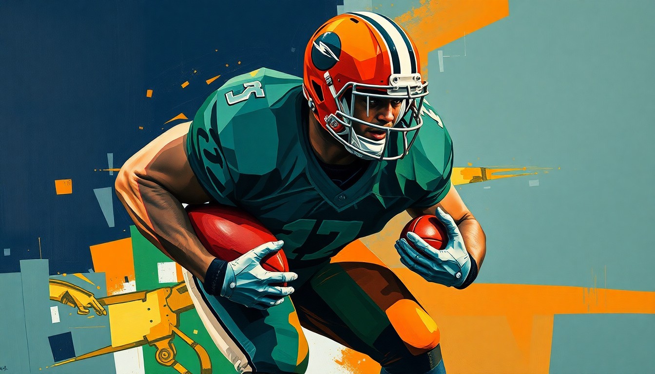 A fragmented, geometric painting depicting an offensive lineman in motion, with sharp planes of navy, green, and orange intersecting to create a dynamic, multi-angled visual representation of the pre-draft medical evaluation process.