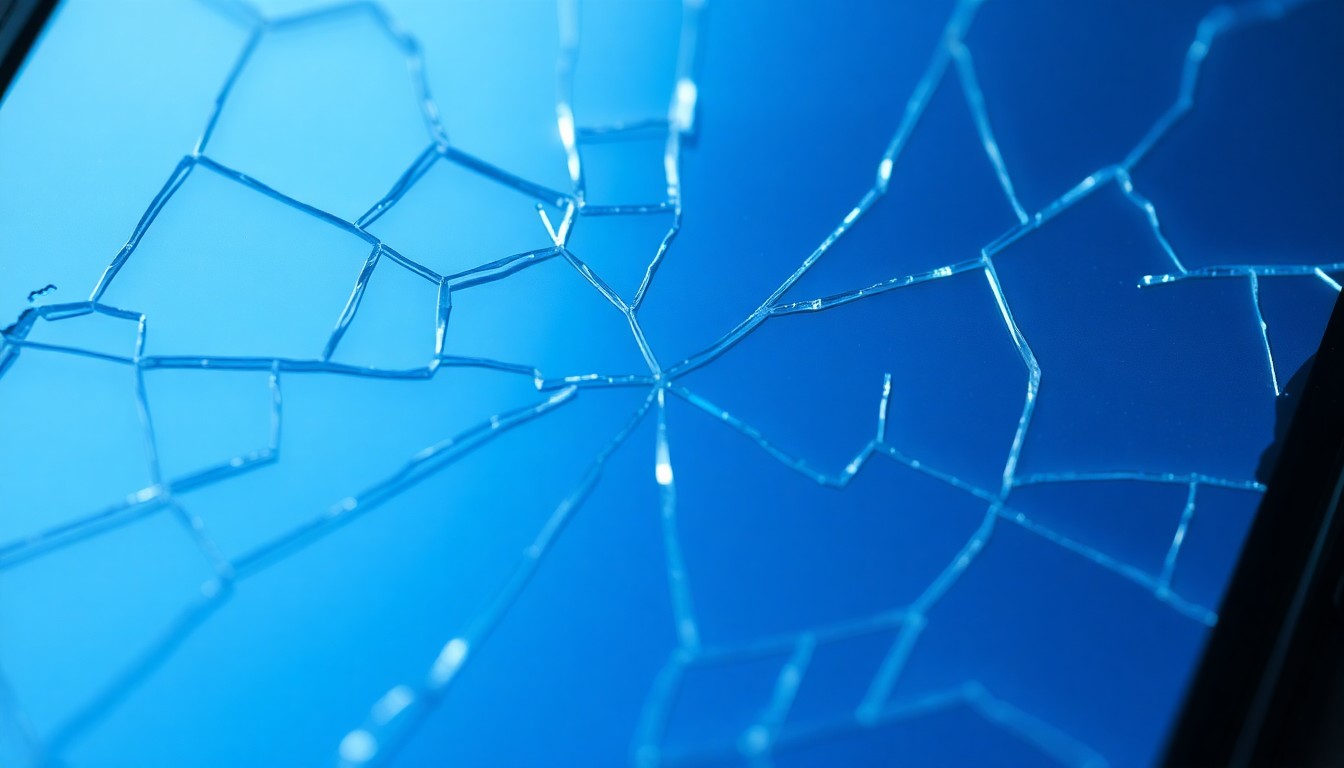 An extreme close-up photograph of a shattered cell phone screen, reflecting a faint blue-white light, conceptually illustrating the vulnerability and violation experienced by a celebrity stalking victim.