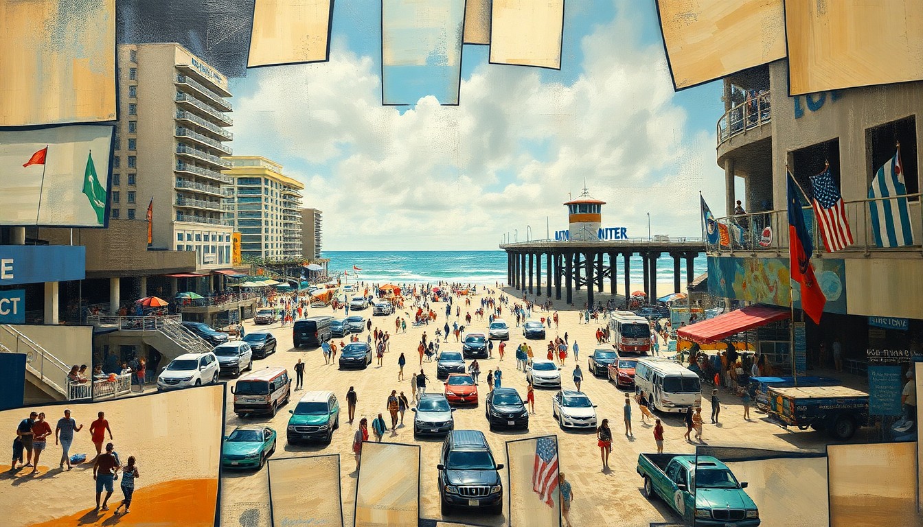 A fractured, geometric painting depicting an abstract beach scene with crowds, vehicles, and the Daytona Beach pier, conveying the potential disruption of an unauthorized event.