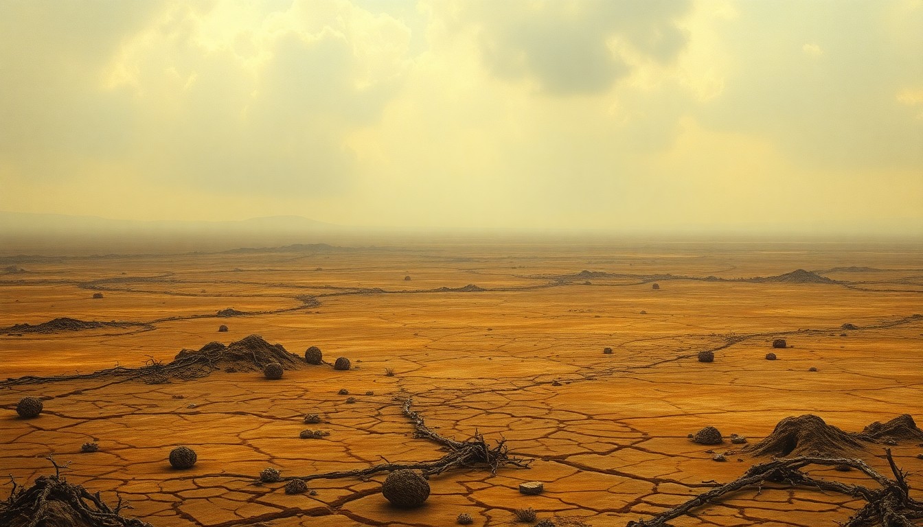 A vast, atmospheric landscape painting in muted earth tones, depicting a parched, cracked expanse of land under a hazy, oppressive sky, conveying the melancholic grandeur and overwhelming scale of a drought-stricken environment.