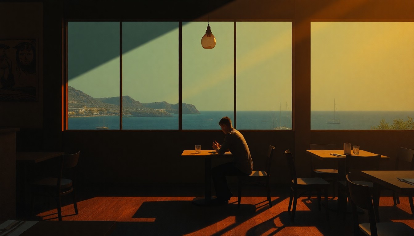 A solitary figure sitting alone at a table in a dimly lit, coastal restaurant, the warm glow of sunlight casting dramatic shadows across the scene, conceptually representing the private struggles of a public life.