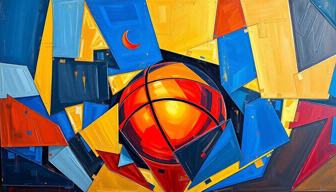 A cubist-style painting depicting a fragmented, geometric basketball court scene with overlapping shapes and planes in vibrant colors, conceptually representing the strategic changes the Bulls are seeking in their front office.