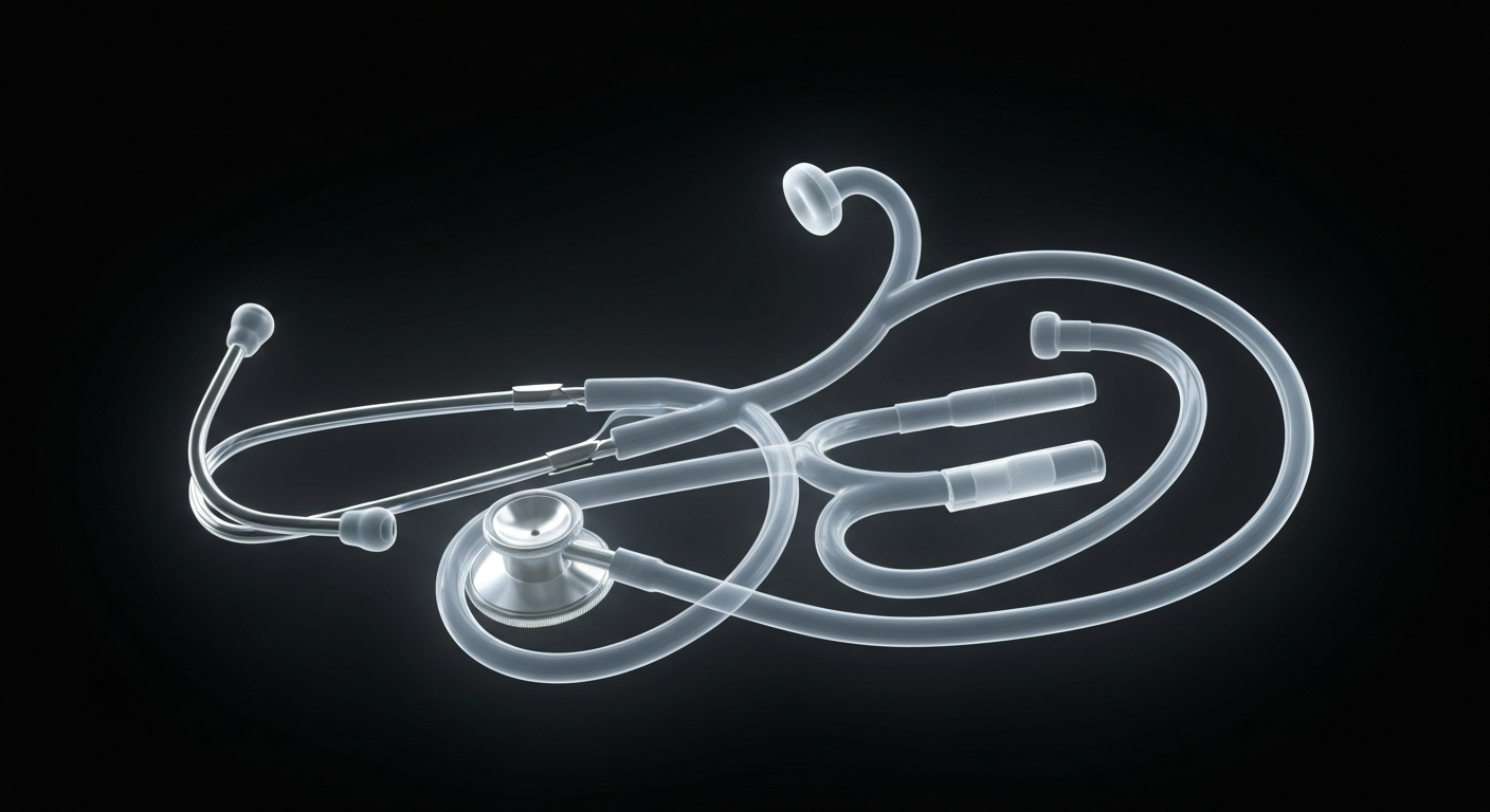 A translucent X-ray photograph revealing the intricate structure of a stethoscope and other medical instruments, conceptually illustrating the clinical yet caring nature of a healthcare professional's work.