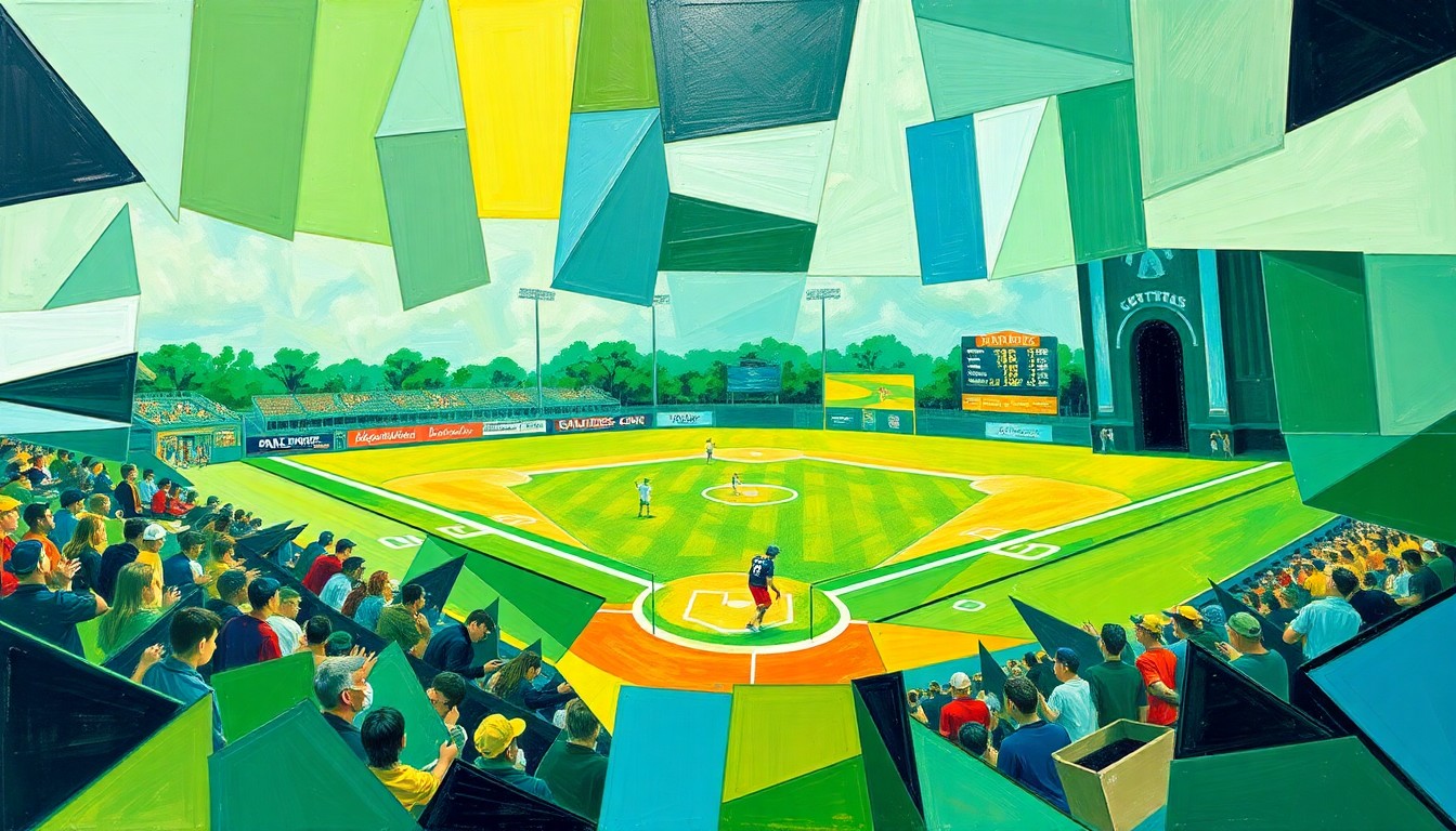 A cubist, geometric painting depicting a high school softball game, with the players and field broken down into overlapping planes of green, blue, and yellow, conveying the complex and contentious nature of the issue.