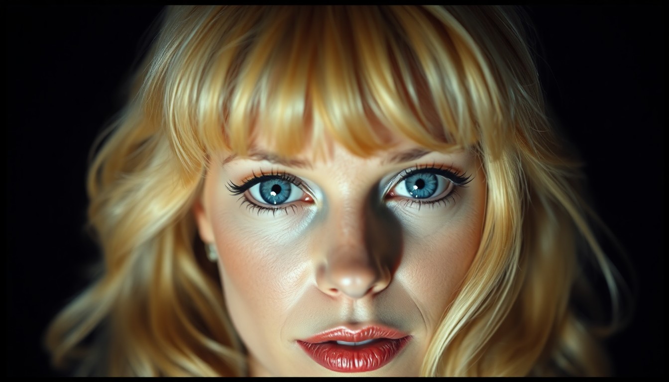 An extreme close-up of Goldie Hawn's face, with her blonde hair and sparkling blue eyes filling the frame. The image is captured in dramatic, high-contrast studio lighting, creating a glitzy, high-fashion aesthetic that focuses on the texture and material of her skin and hair rather than a literal recreation of the actress.