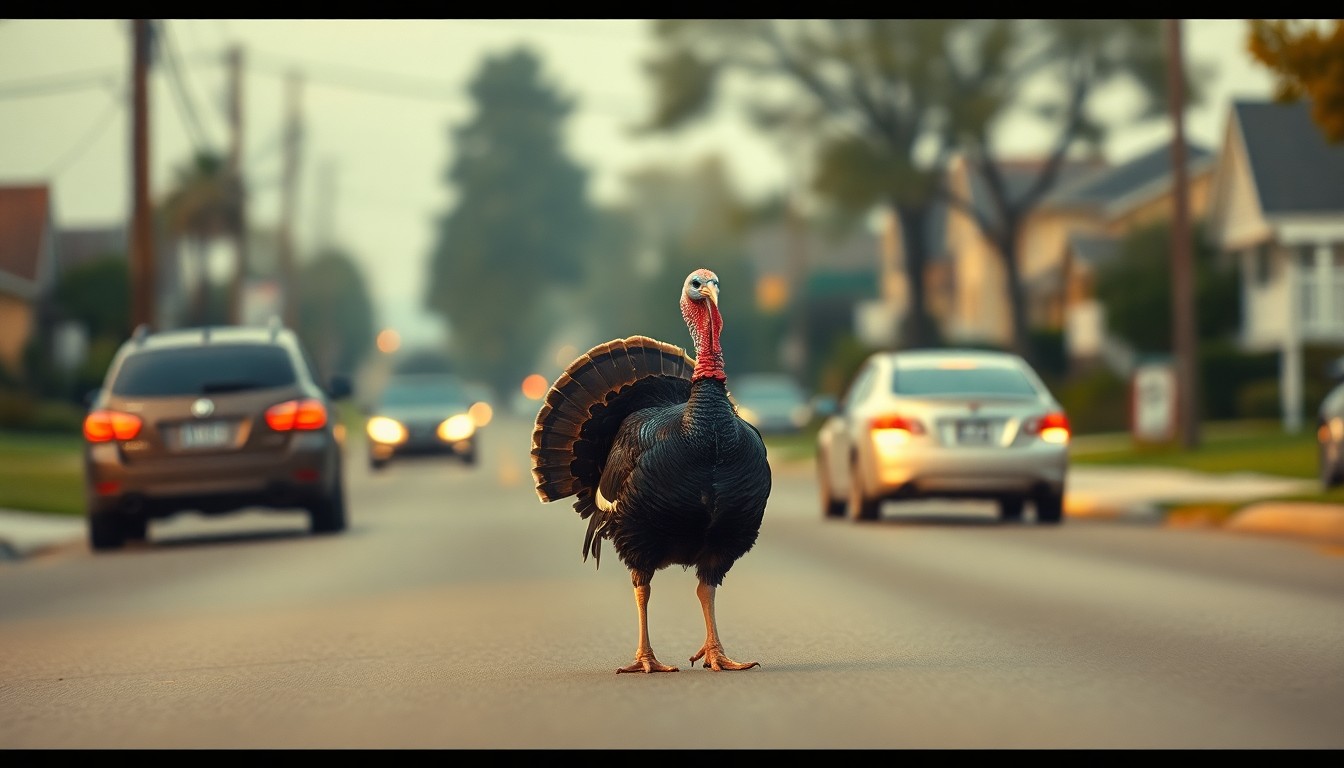 An extremely abstracted, out-of-focus photograph shot through condensation or rain-streaked glass, depicting a lone turkey walking down a suburban street with the blurred shapes of passing cars in the background, all in soft pools of warm color and light.