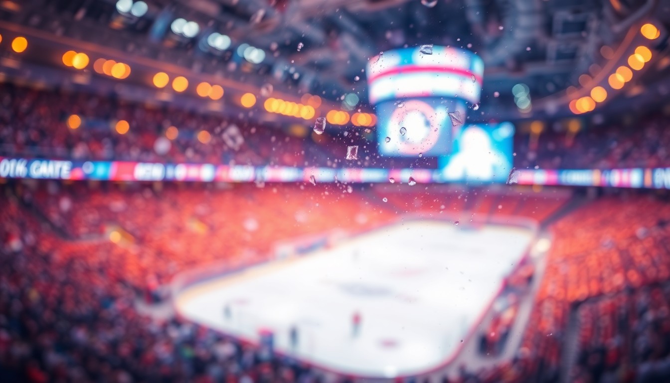 An abstract, impressionistic photograph showing a blurred, out-of-focus scene of a hockey arena crowd, with soft, warm colors and light creating a dreamlike, atmospheric mood.