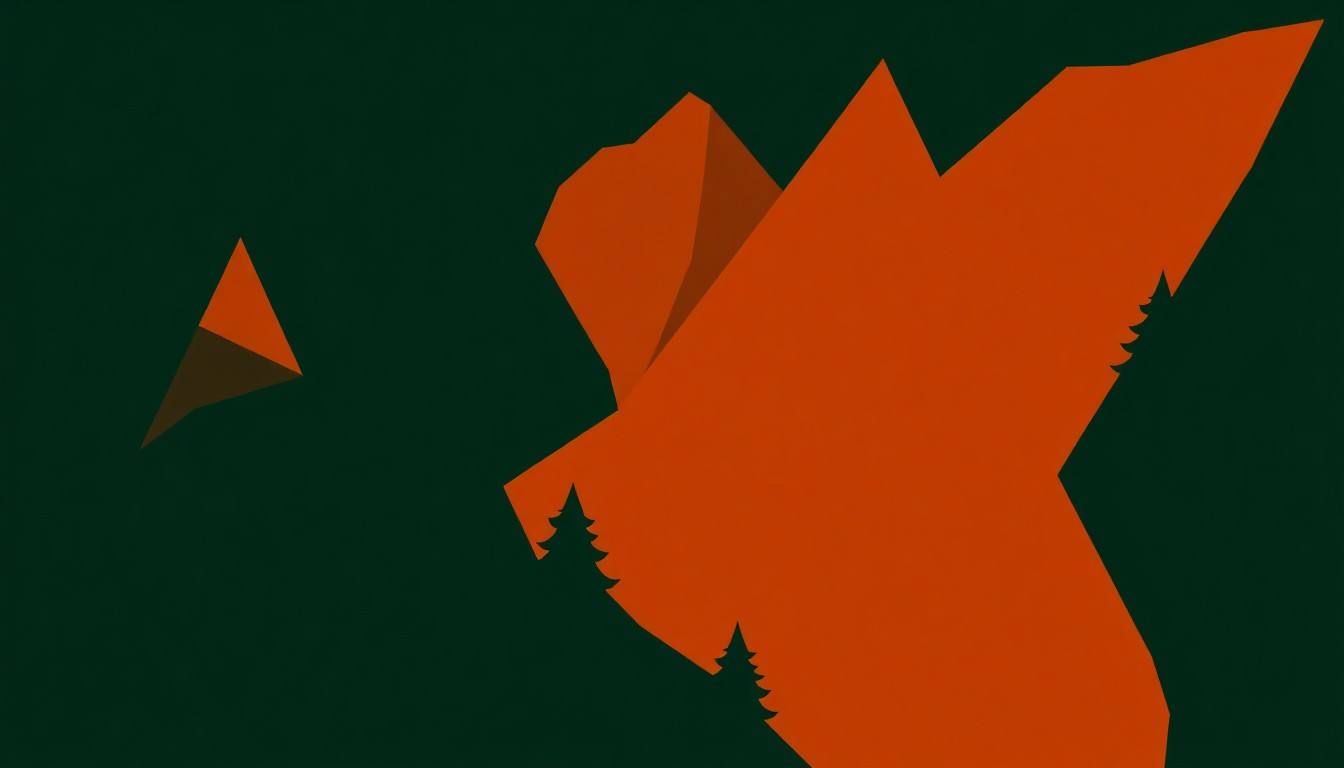 An abstract composition of sharp, angular shapes in shades of green, brown, and orange, conveying the artistic energy and natural beauty of Johnson County, Tennessee.