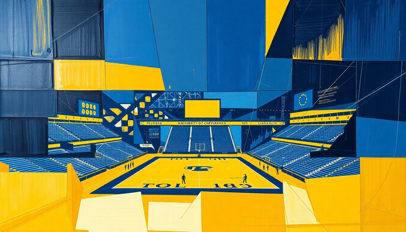 A fragmented, cubist-style painting depicting the geometric shapes and angles of a college sports stadium, rendered in a palette of deep blue and gold to represent the University of Toledo's team colors.