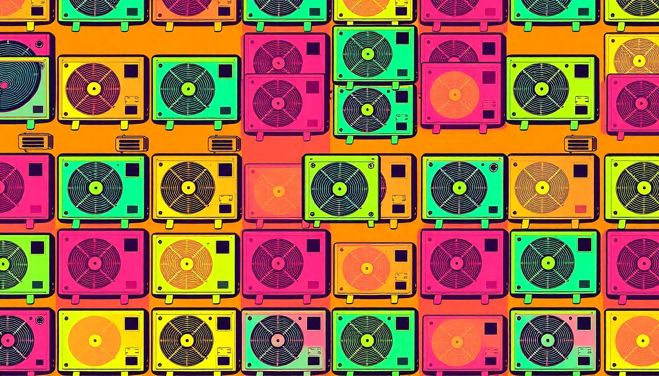 A brightly colored, high-contrast silkscreen print of a single, iconic HVAC unit repeated in a tight grid pattern, conceptually representing the vibrant and innovative HVAC services offered by Evans Heating & Cooling.