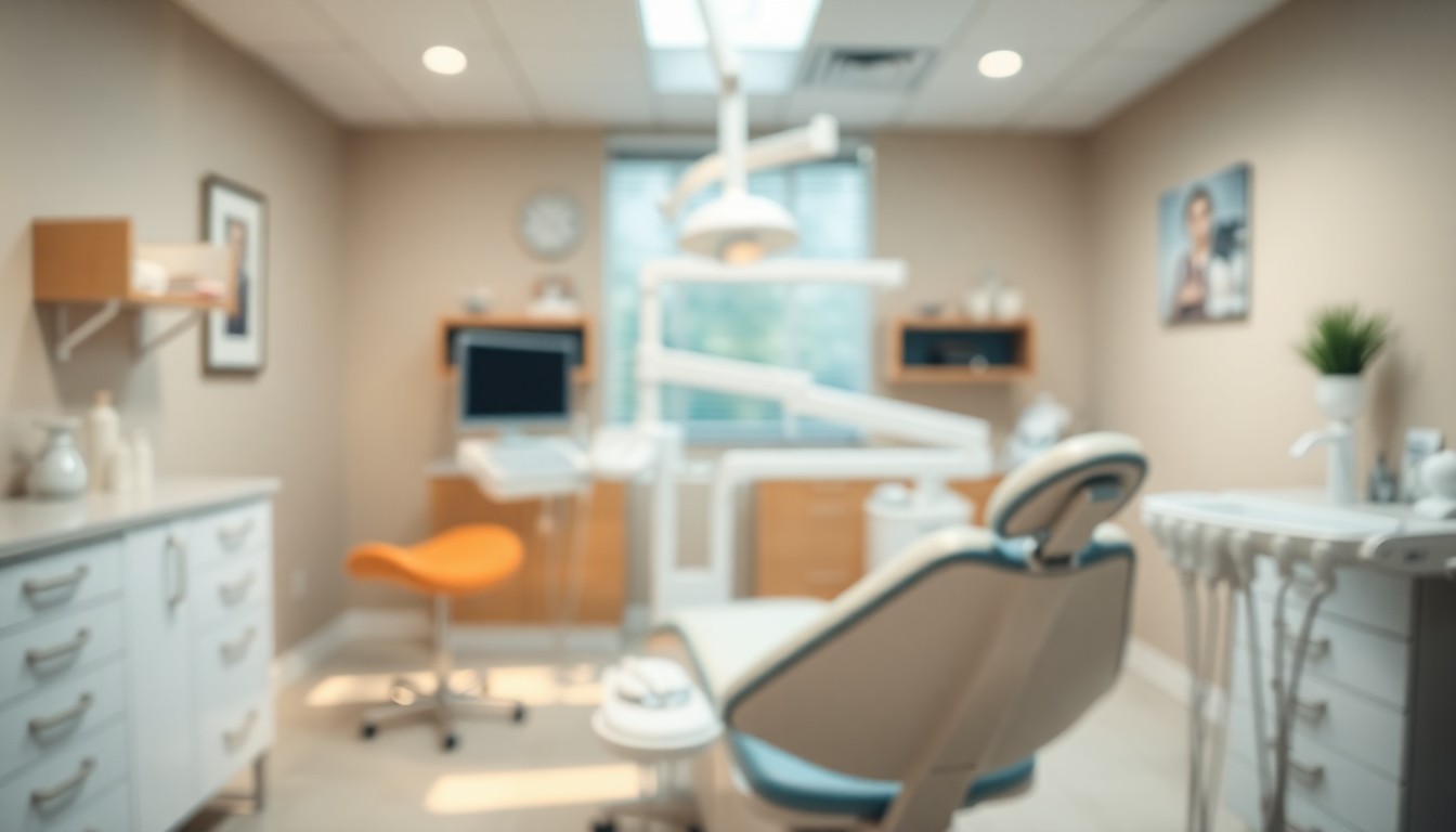 An extremely abstracted, out-of-focus photograph of a dental chair and equipment in a warm, inviting dental office setting, with blurred pools of light and color creating a calming, lifestyle-focused atmosphere.