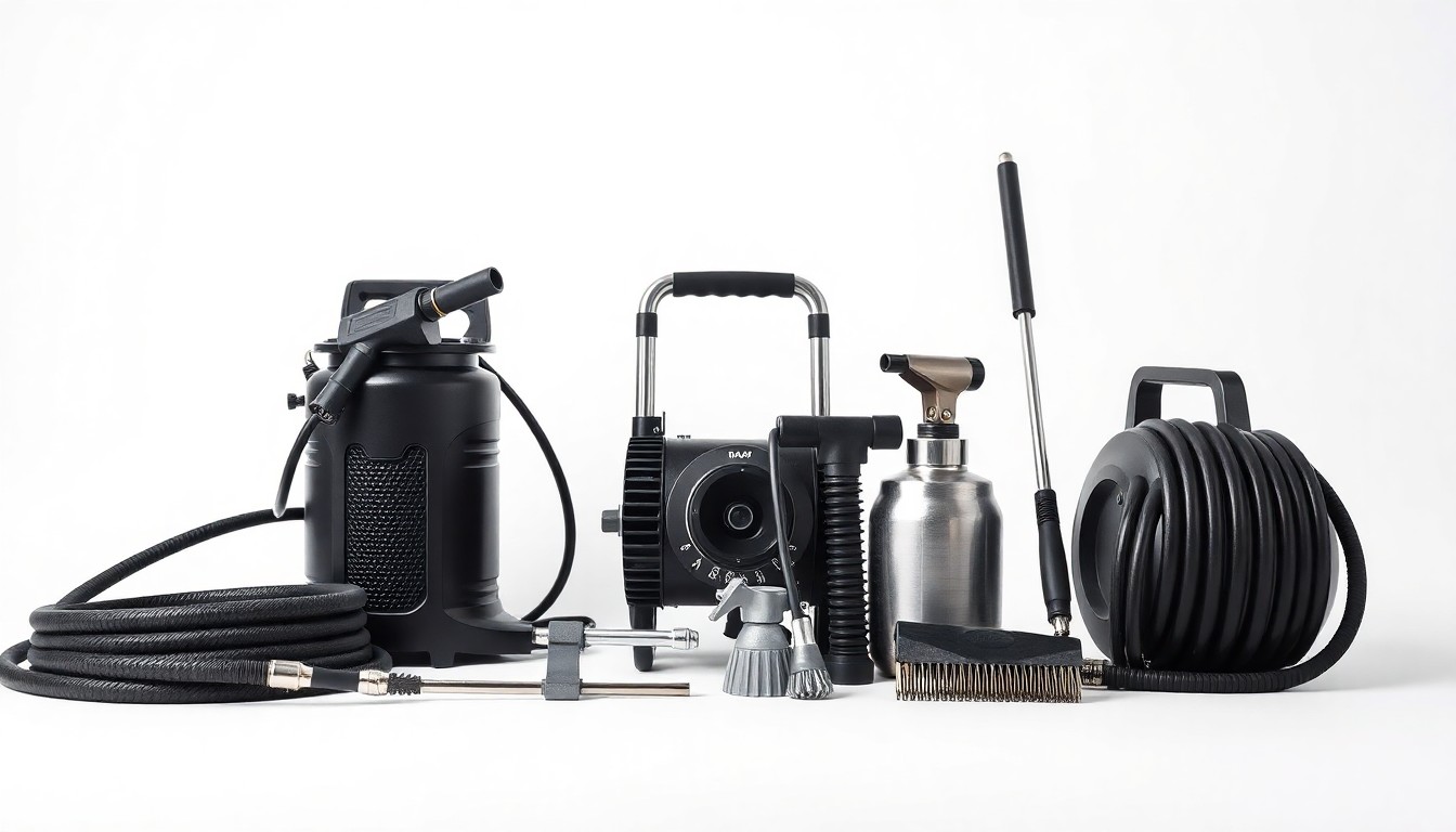 A clean, minimalist studio still life photograph featuring a set of pressure washing tools and equipment arranged elegantly on a solid white background, conceptually representing the precision and reliability of Wash Broz's exterior cleaning services.