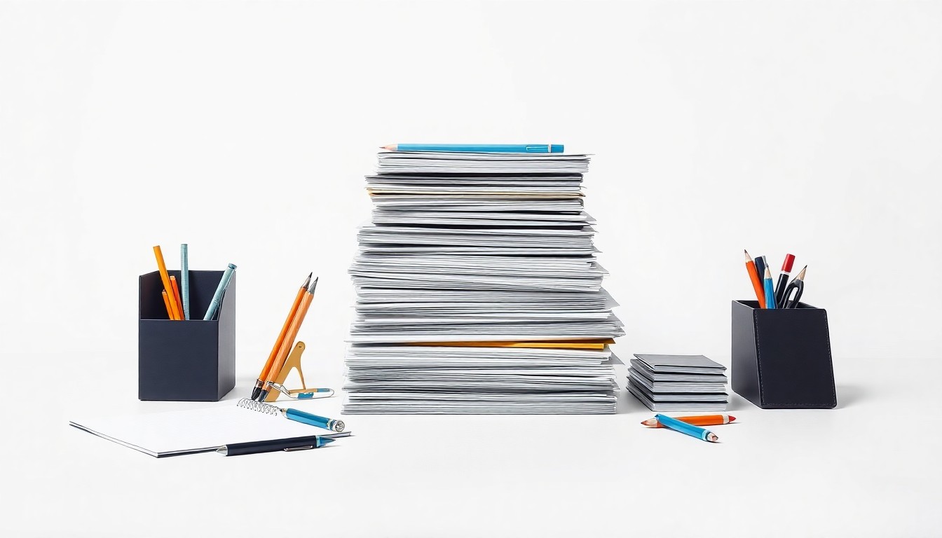 A photorealistic studio still-life featuring a precise, geometric arrangement of office supplies and documents on a clean, white background, conceptually representing the tension between employee and manager expectations around workplace perfectionism.