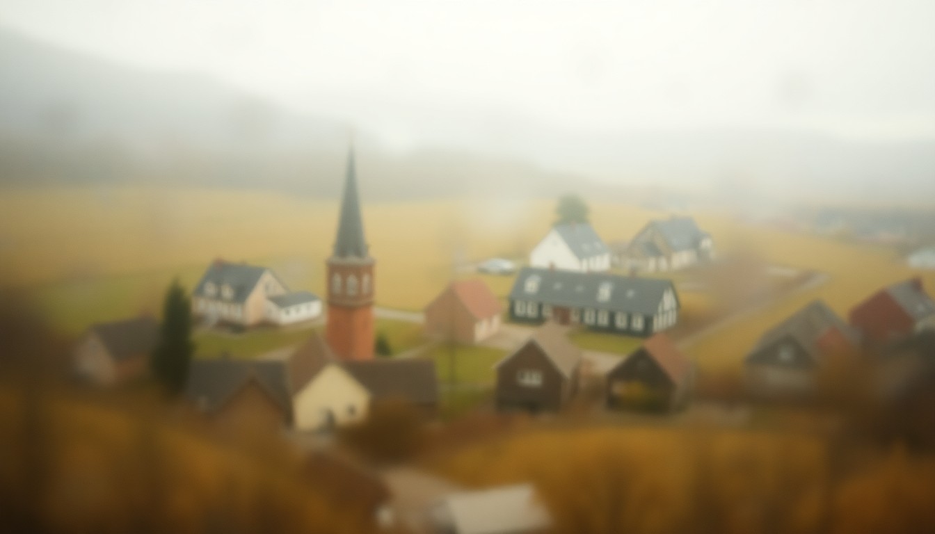 An abstract, impressionistic scene of a small town church and surrounding homes, captured in soft, hazy pools of warm light and color, conveying a sense of community and nostalgia.