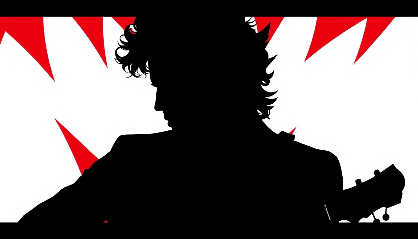An abstract illustration featuring stark black silhouettes of Bob Dylan's profile and guitar, set against a high-contrast background of deep red and bright white, conveying the enduring artistry and cultural significance of the iconic singer-songwriter.