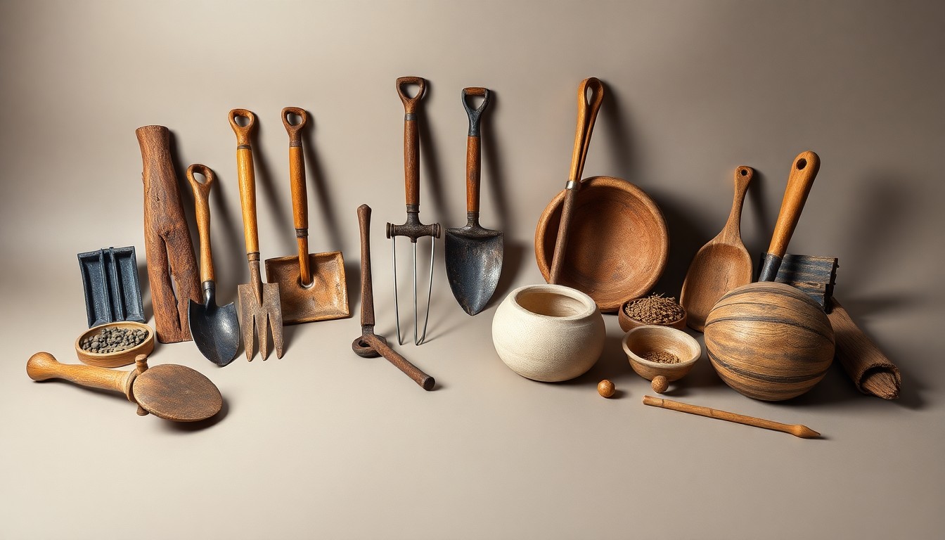 A photorealistic studio still life featuring a collection of weathered farming tools and equipment arranged elegantly on a clean, monochromatic background, conceptually representing the enduring importance of agriculture to the local economy.
