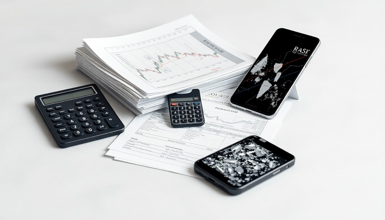 A high-end, photorealistic studio still-life photograph featuring a stack of stock trading documents, a broken calculator, and a shattered mobile phone screen, symbolizing the abstract concepts of corporate finance, risk, and market volatility.