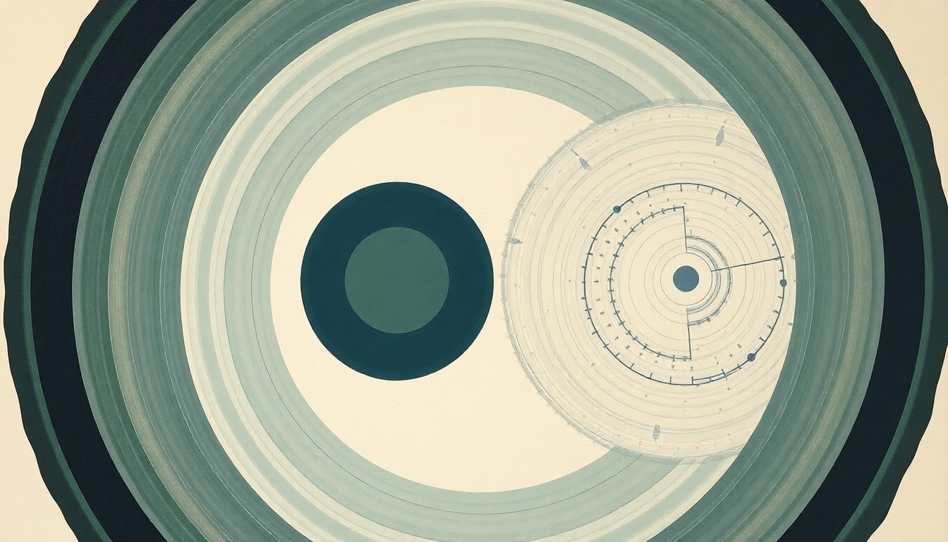 A highly structured abstract painting in muted tones of green, blue, and gray, featuring sweeping geometric arcs, concentric circles, and precise botanical spirals, conceptually representing the complex ecological relationship between northern fur seals and the Bering Sea pollock fishery.