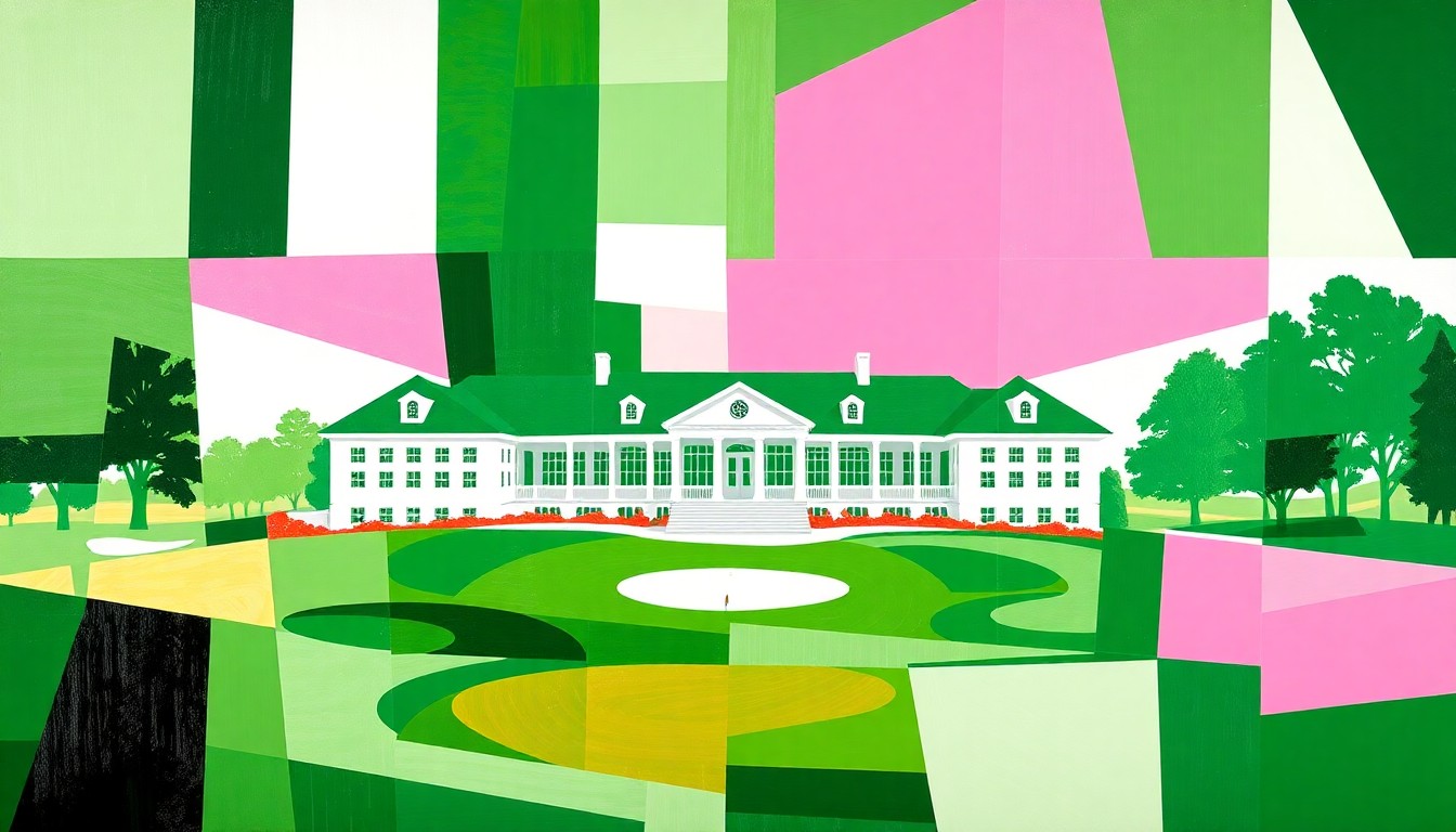 A fragmented, geometric painting depicting the grounds of Augusta National Golf Club, with the clubhouse and fairways broken down into sharp, overlapping planes of emerald green, azalea pink, and bright white, capturing the tense security atmosphere in the days before the Masters Tournament.