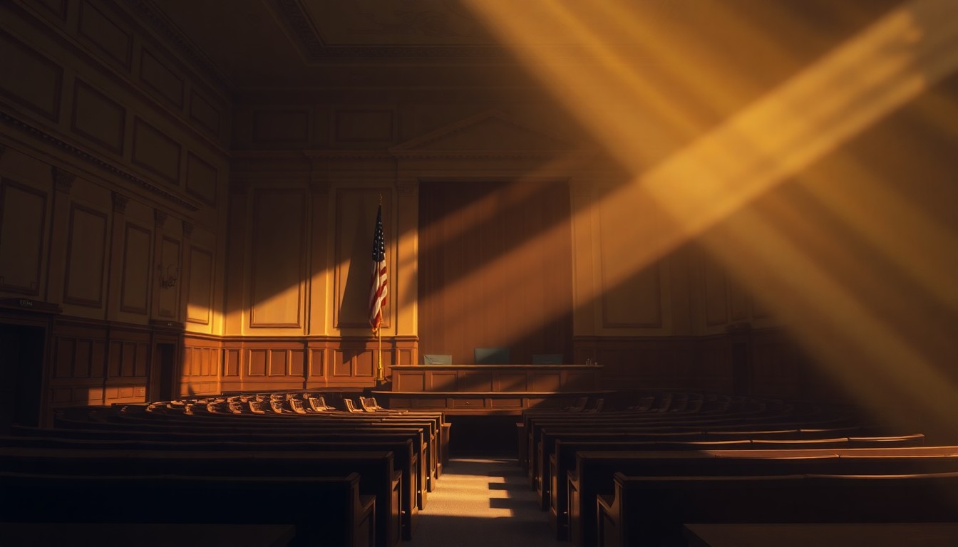 A dimly lit, cinematic painting of an empty legislative chamber, with warm sunlight streaming through the windows and deep shadows covering the desks and chairs. The scene has a melancholic, nostalgic mood, capturing the sense of transition and change as a veteran lawmaker's career comes to a close.