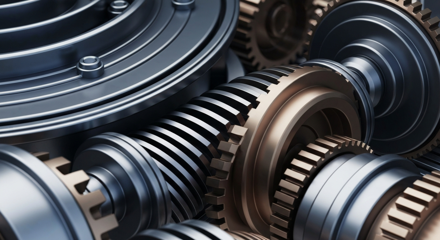 An extreme close-up of intricately machined metal gears and levers, conveying a sense of the heavy, institutional machinery that powers the financial markets.