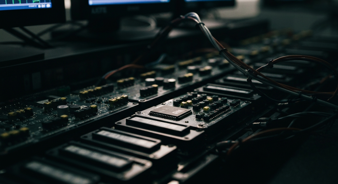 An extreme close-up of the internal components and circuitry of a stock trading terminal, conveying the technical complexity and institutional nature of modern finance.