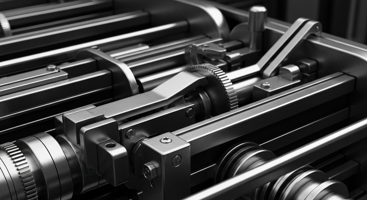 A high-contrast, cinematic close-up of complex banking machinery and mechanisms, representing the institutional financial infrastructure underlying Robinhood's business.