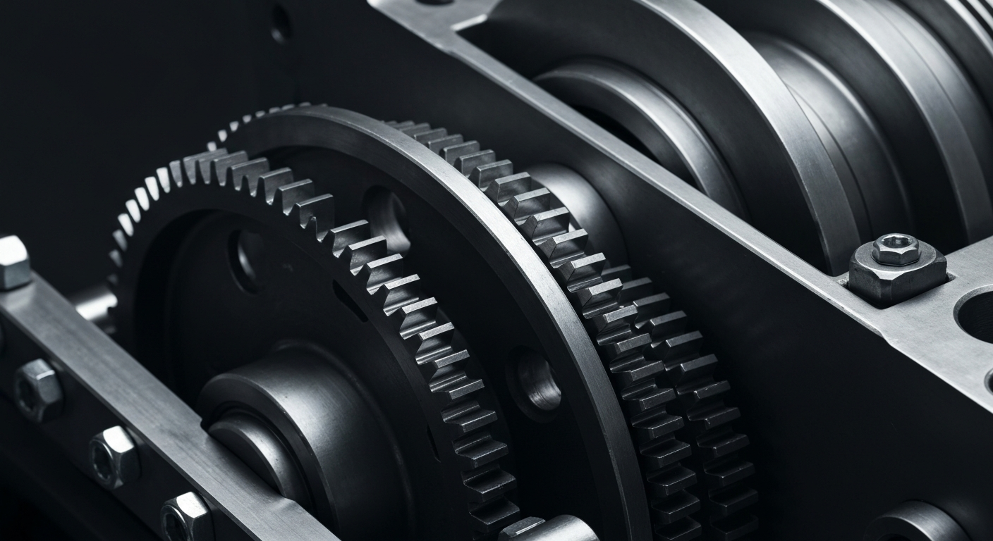 An extreme close-up of shiny, industrial banking equipment and gears, conveying the physical, institutional power of Diamondback Energy's financial operations.