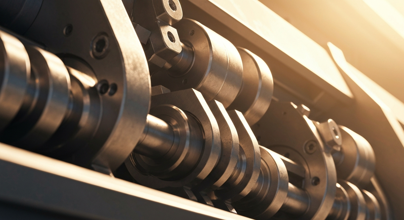 An extreme close-up of shiny, intricate industrial machinery and equipment used in oil refining, conveying the physical scale and complexity of the energy sector.