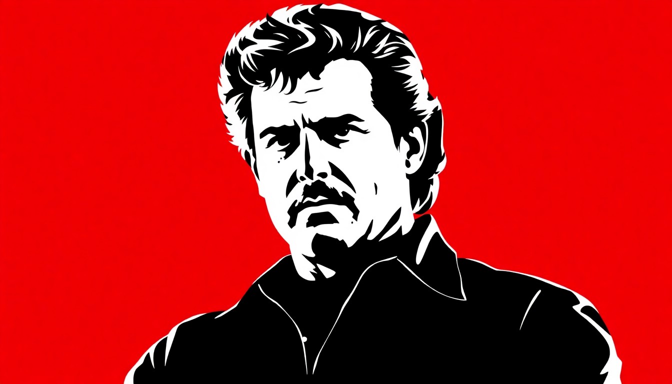 A dramatic black silhouette of John Schneider's character Bo Duke from The Dukes of Hazzard, set against a vibrant red background, conceptually representing the actor's charitable work and enduring popularity.