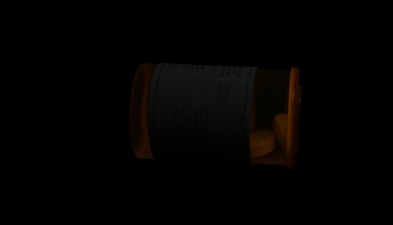 An extreme close-up of a prescription pill bottle with a partially obscured label, reflecting a harsh, direct camera flash, conceptually illustrating an investigation into the role of medication in a high-profile DUI case.